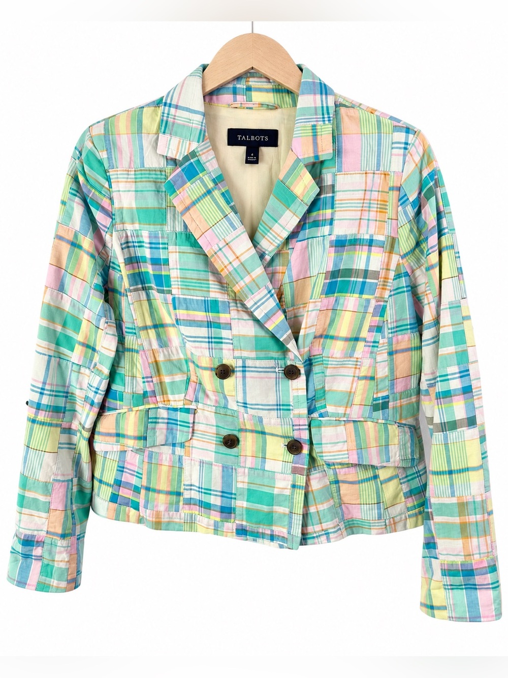Talbots Pastel Plaid Cotton Blazer Size 6 Double Breasted Preppy Cottagecore